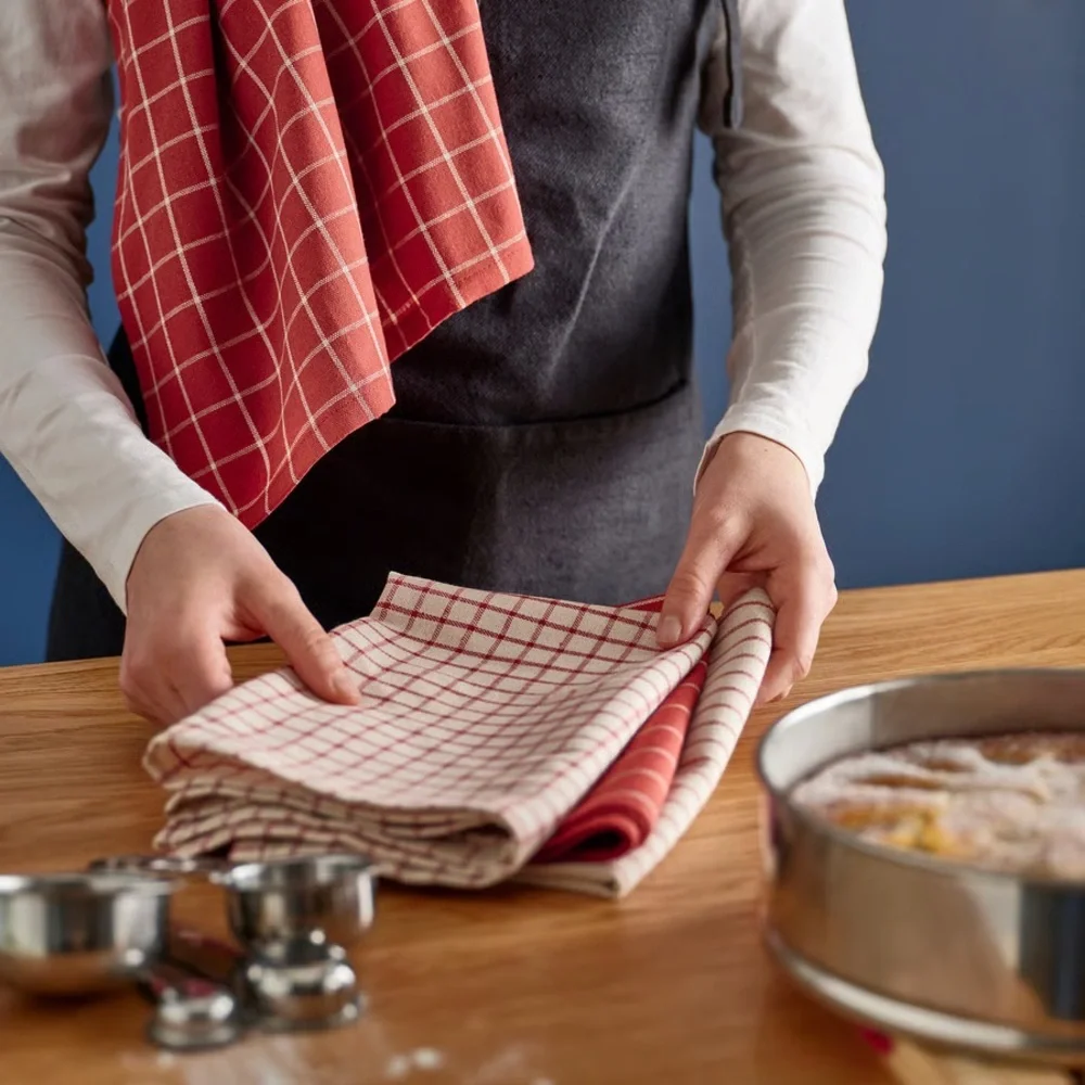 Set of 4 Red and Beige Striped & Checked Kitchen Towels